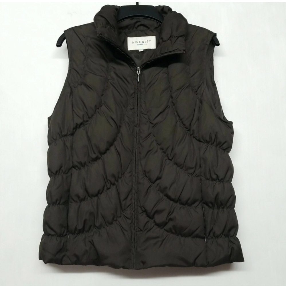 Women's Nine West Vest Full Zip Chocolate Brown Puff Insulated  Zip Pockets Sz.L